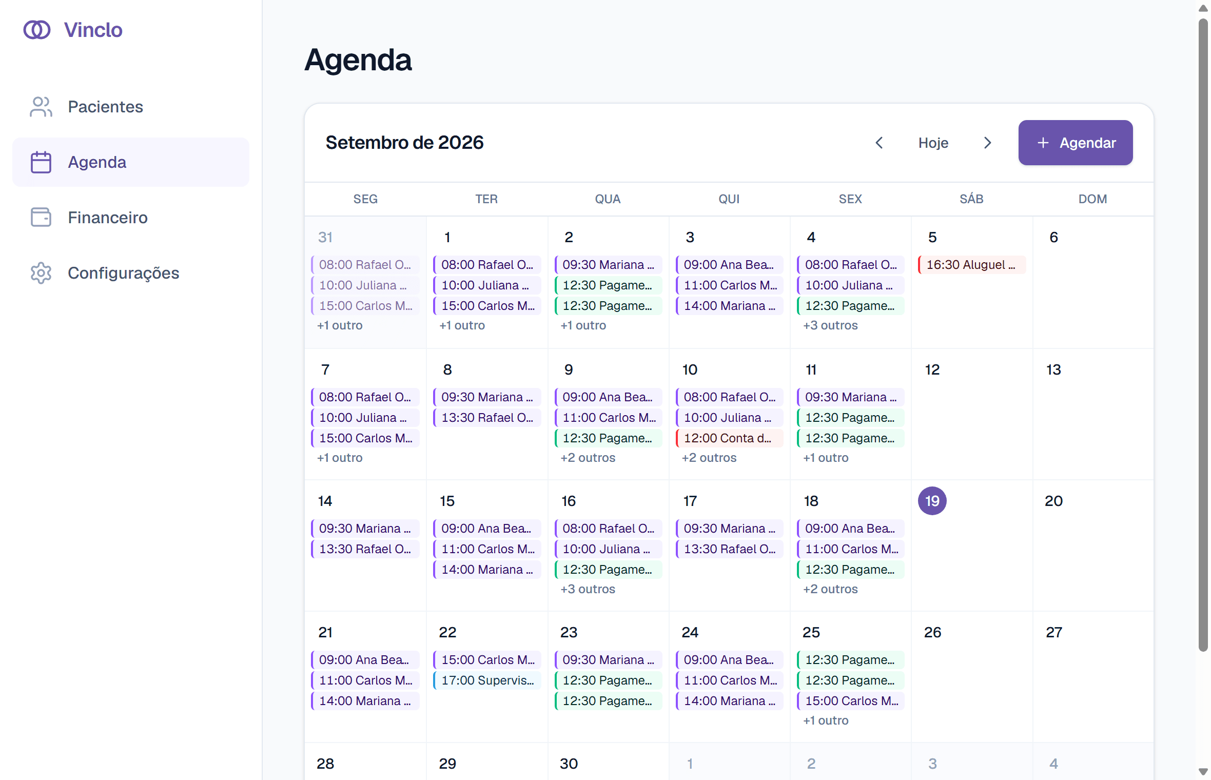 Tela da agenda mensal do Vinclo, com os compromissos de cada dia